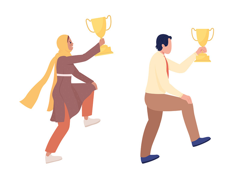 People with golden trophy prize semi flat color vector characters