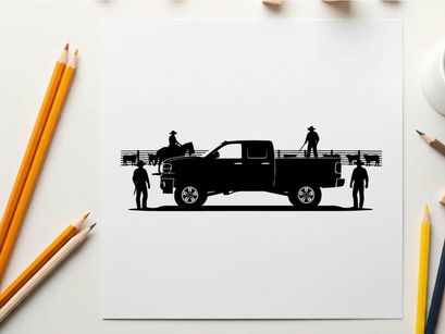 Silhouette of people and a horse standing near a pickup truck