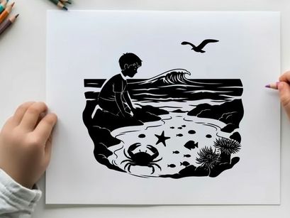 Boy exploring tide pool on rocky seashore by ocean waves