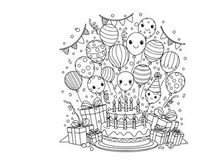 Happy birthday celebration with cake and balloons vector illustration