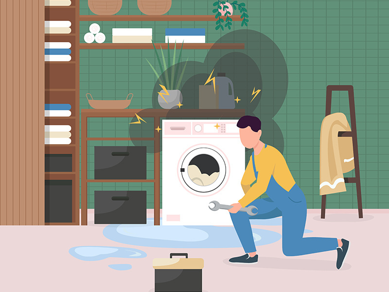 Fixing broken washing machine flat color vector illustration