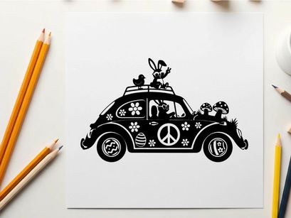 Silhouette of a decorated vw van with cartoon characters