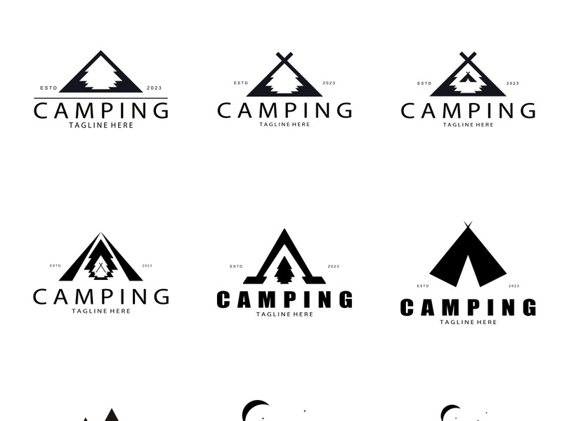 vintage and retro tent logo, camping. With tent, tree and bonfire sign. adventurers, scouts, climbers, camping equipment center