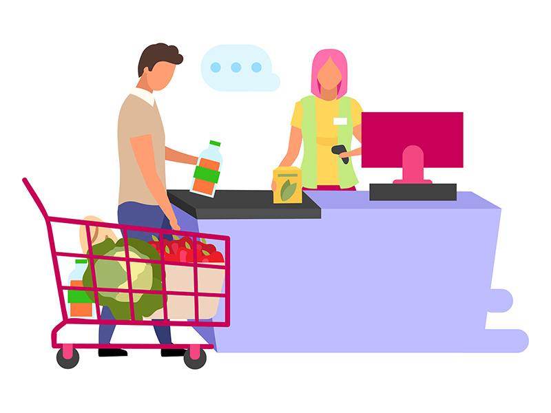 Shopping at supermarket flat vector illustration