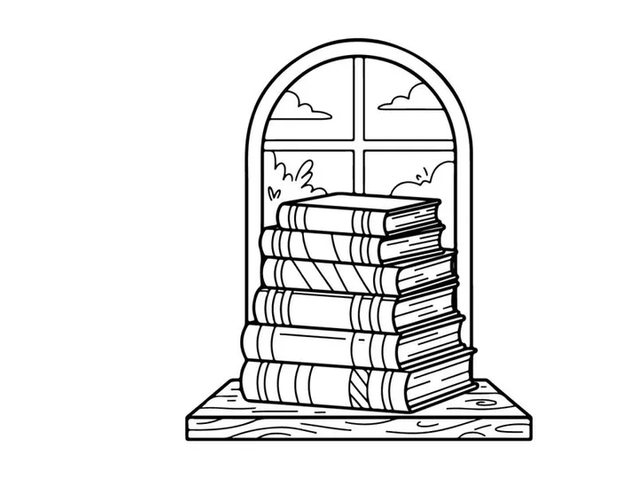Libros vintage apilados en nicho navideño en forma de cruz con brillo festivo