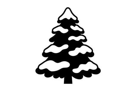 Black silhouette of a Christmas tree with snow on branches isolated on white background