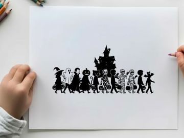 Halloween parade silhouette in front of spooky mansion preview picture