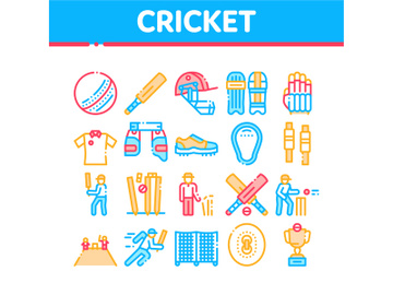 Cricket Game Collection Elements Icons Set Vector preview picture