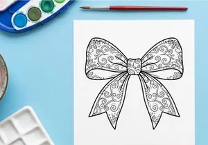 Decorative Christmas gift bow with elegant swirl pattern line art illustration