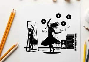 Silhouette of a woman dancing to music with records