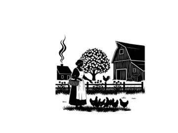 Silhouette of woman feeding chickens on a farm with barn and tree preview picture