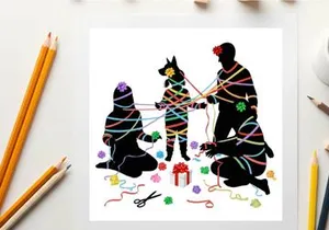 Silhouette of a family and dog wrapped in colorful yarn with gifts