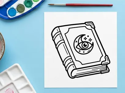 Open spellbook with mystical eye symbol for Halloween magic rituals. Ancient grimoire featuring occult sigil and arcane illustrations for witchcraft.
