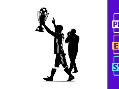 Victorious soccer player holding trophy with celebratory gesture and photographer