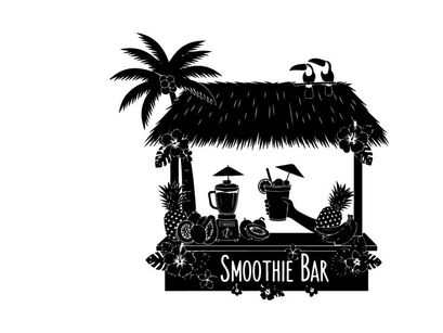 Silhouette of a tropical smoothie bar with palm tree and thatched roof