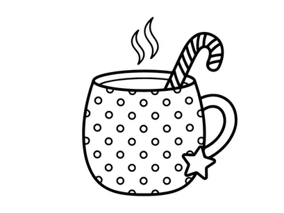 Steaming hot coffee mug with star and candy cane on Christmas morning celebration