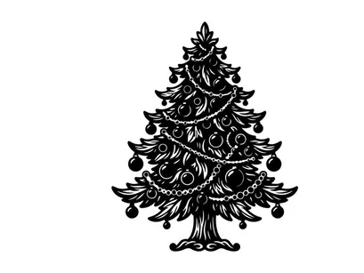 Hand drawn Christmas tree illustration with ornaments and garlands in black and white.