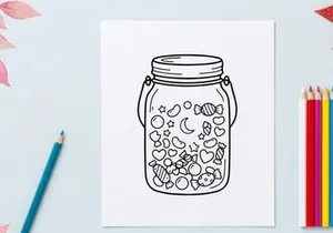 Hand-drawn jar filled with colorful moon and star shapes. Whimsical celestial-themed container illustration for creative projects.