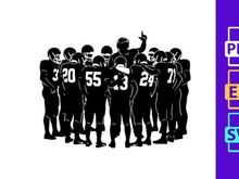American football team huddle in black and white silhouette