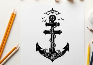 Nautical anchor silhouette with birds and ornate details