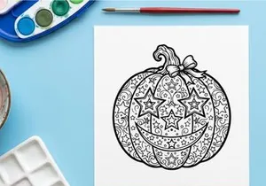Decorative pumpkin coloring page. Intricate Halloween gourd illustration with stars and bow.