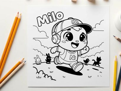 Cute cartoon boy with pets running vector illustration