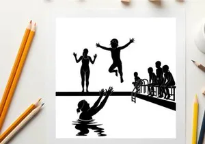 Silhouette of children playing and jumping into a swimming pool