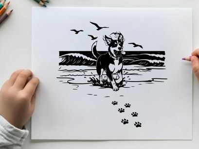 Dog silhouette playing on beach with seagulls flying overhead