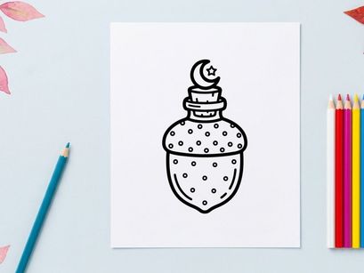 Hand-drawn Halloween potion bottle with cork stopper. Vintage magic elixir jar illustration for spooky decorations.
