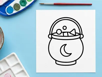 Halloween witch cauldron icon. Black and white line art of a magic pot with moon symbol.
