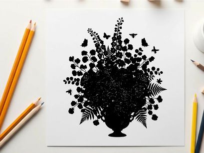 Silhouette of a vase with flowers and butterflies