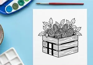 Christmas wooden crate with pine cones and holly leaves line art illustration