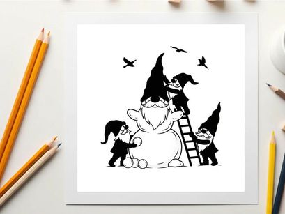 Gnomes building a snowman silhouette in winter wonderland scene