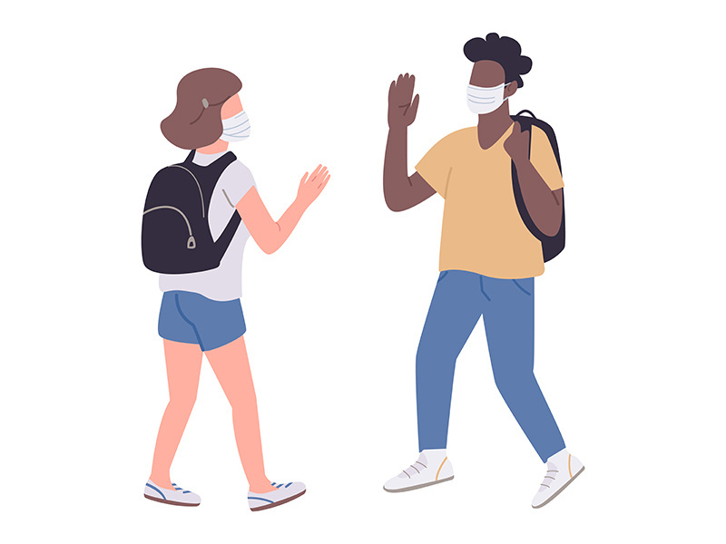 Students in medical masks flat color vector faceless characters