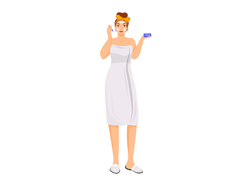 Woman in bathrobe applying face balm flat color vector faceless character