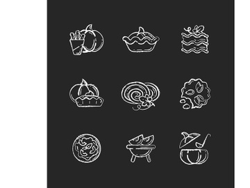 Pumpkin dishes chalk white icons set on black background preview picture