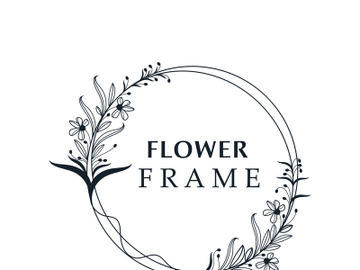 Floral frame flower round shape emblem logotype isolated on white background, leaves luxury linear logo circle style boutique preview picture