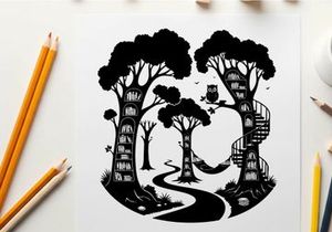 Whimsical forest silhouette with treehouses and winding path at dusk