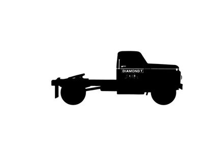 Silhouette of a pickup truck with a flatbed and red logo