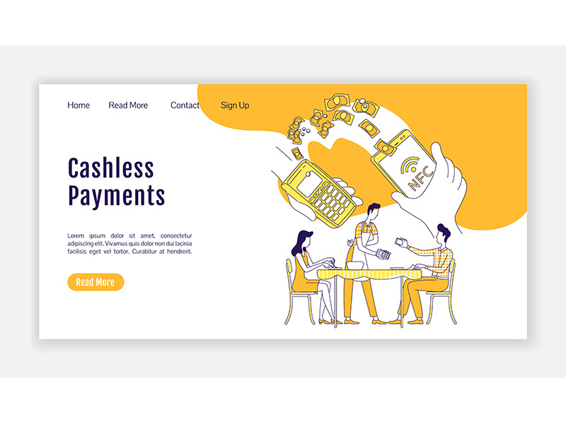 Cashless payments landing page flat silhouette vector template