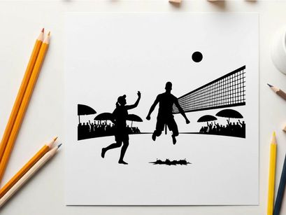 Silhouette of two men playing volleyball outdoors at night