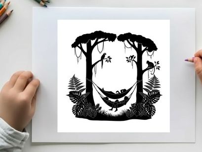 Serene silhouette of a person resting in a hammock between trees