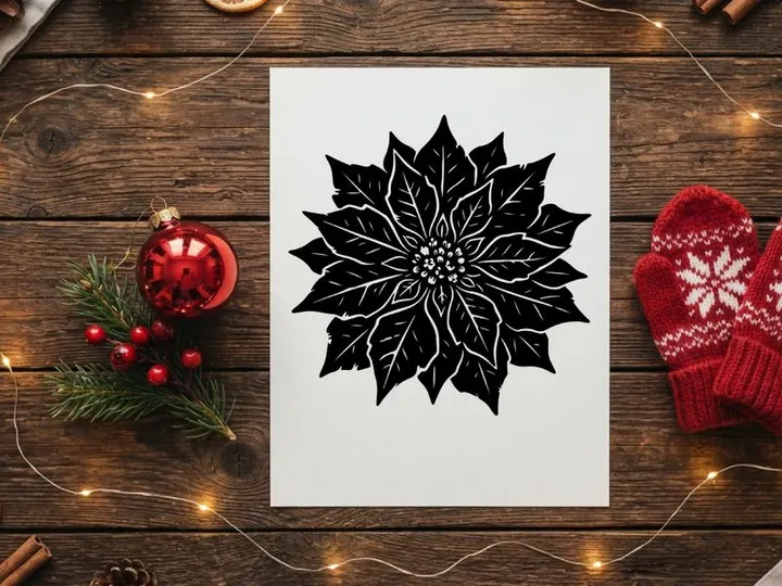 Black and white poinsettia flower illustration for Christmas holiday design projects