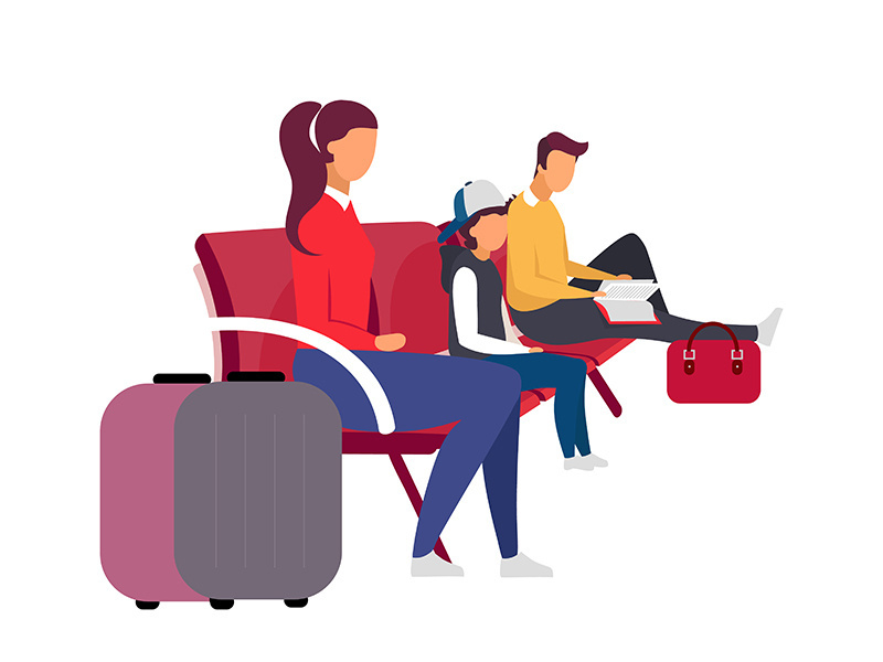Waiting for flight at airport flat color vector faceless characters