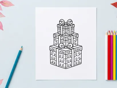 Hand-drawn Christmas gift box stack with ribbons and bows for festive holiday celebration