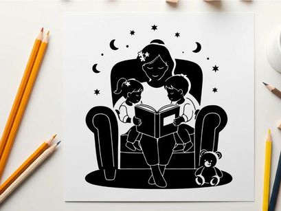 Silhouette of a woman reading to two children at night