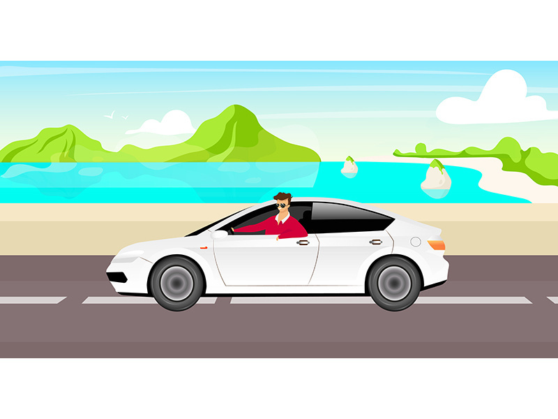 Guy in sunglasses driving sedan flat color vector illustration