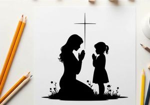 Silhouette of mother and child praying together under cross