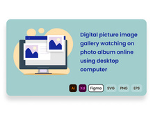 Digital picture image gallery watching on photo album online using desktop computer.