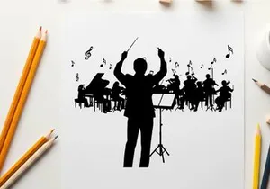 Silhouette of conductor leading an orchestra in music performance